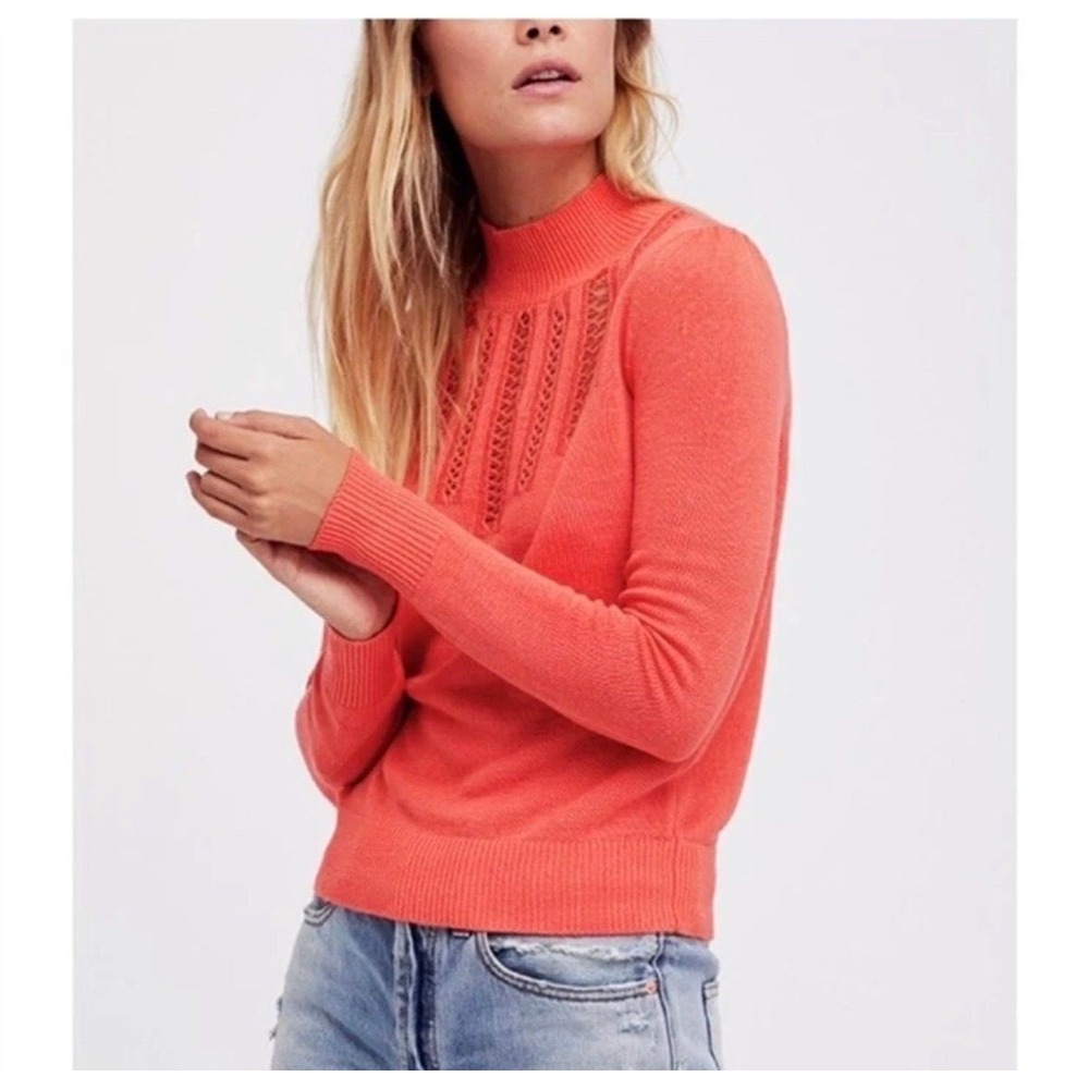 FREE PEOPLE | Pointelle Mock Neck Sweater Women XS Coral Pink Linen Blend Knit
